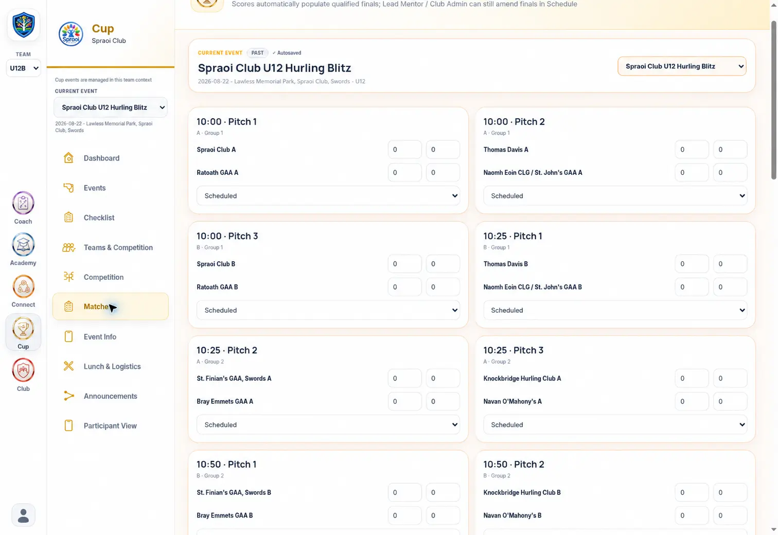 Spraoi Cup tournament dashboard